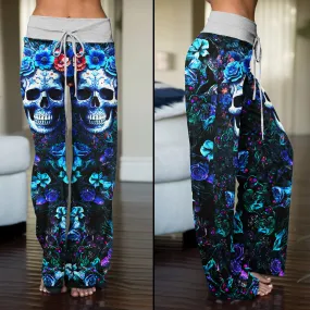 Dark Blue Skull Rose Gothic Women's High-waisted Wide Leg Pants