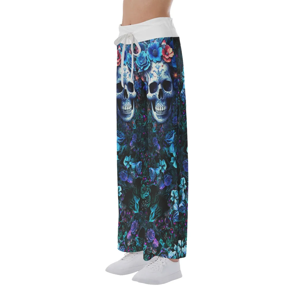 Dark Blue Skull Rose Gothic Women's High-waisted Wide Leg Pants