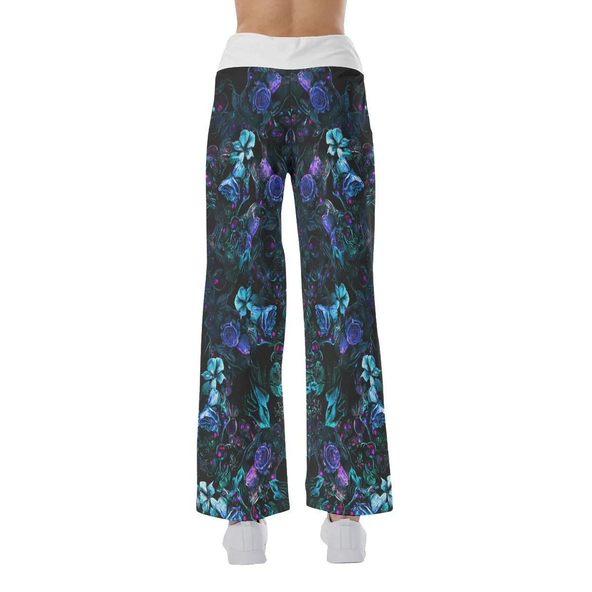Dark Blue Skull Rose Gothic Women's High-waisted Wide Leg Pants