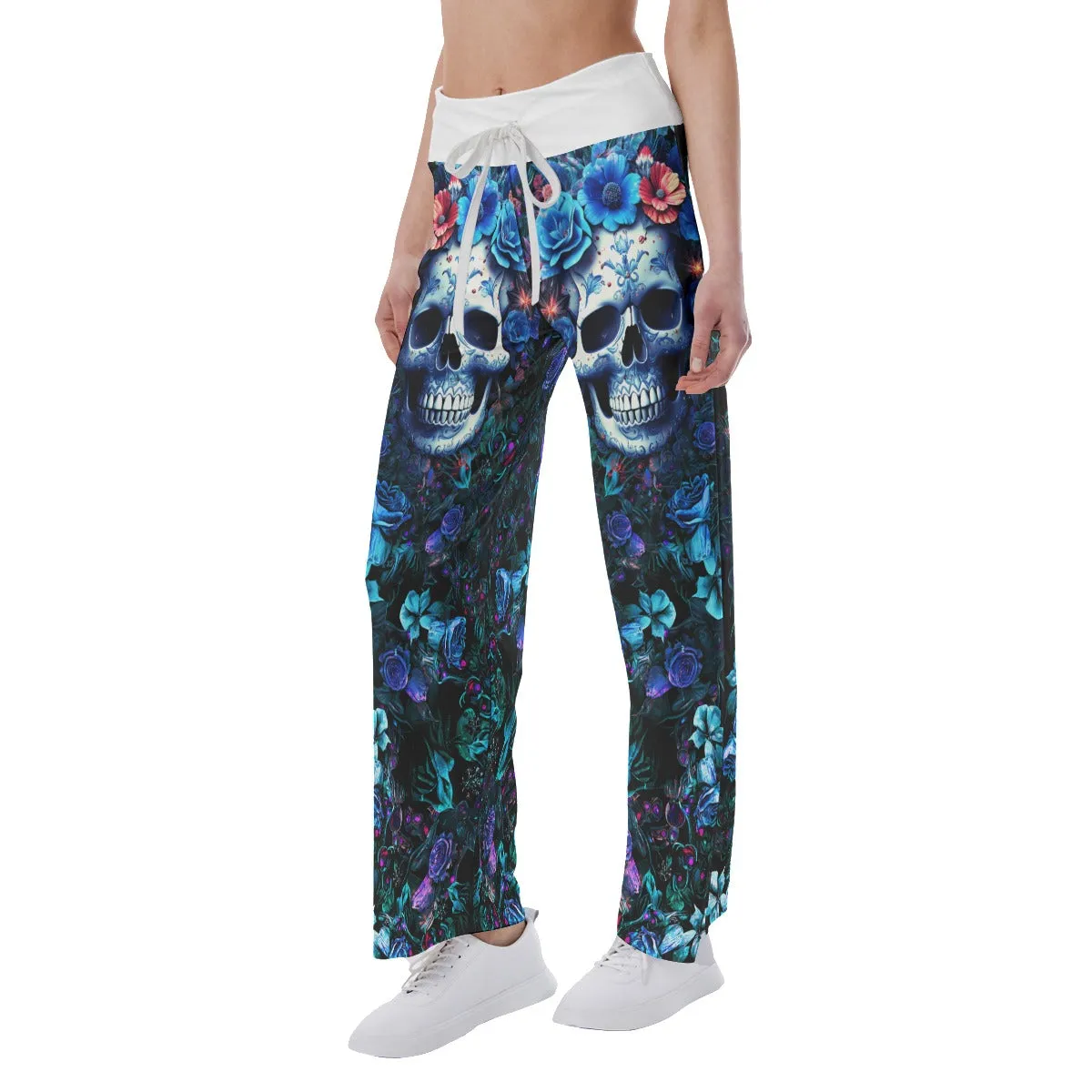 Dark Blue Skull Rose Gothic Women's High-waisted Wide Leg Pants