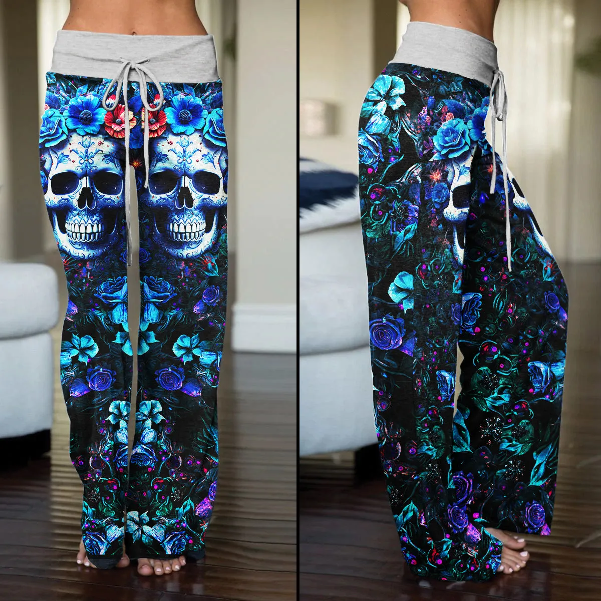 Dark Blue Skull Rose Gothic Women's High-waisted Wide Leg Pants