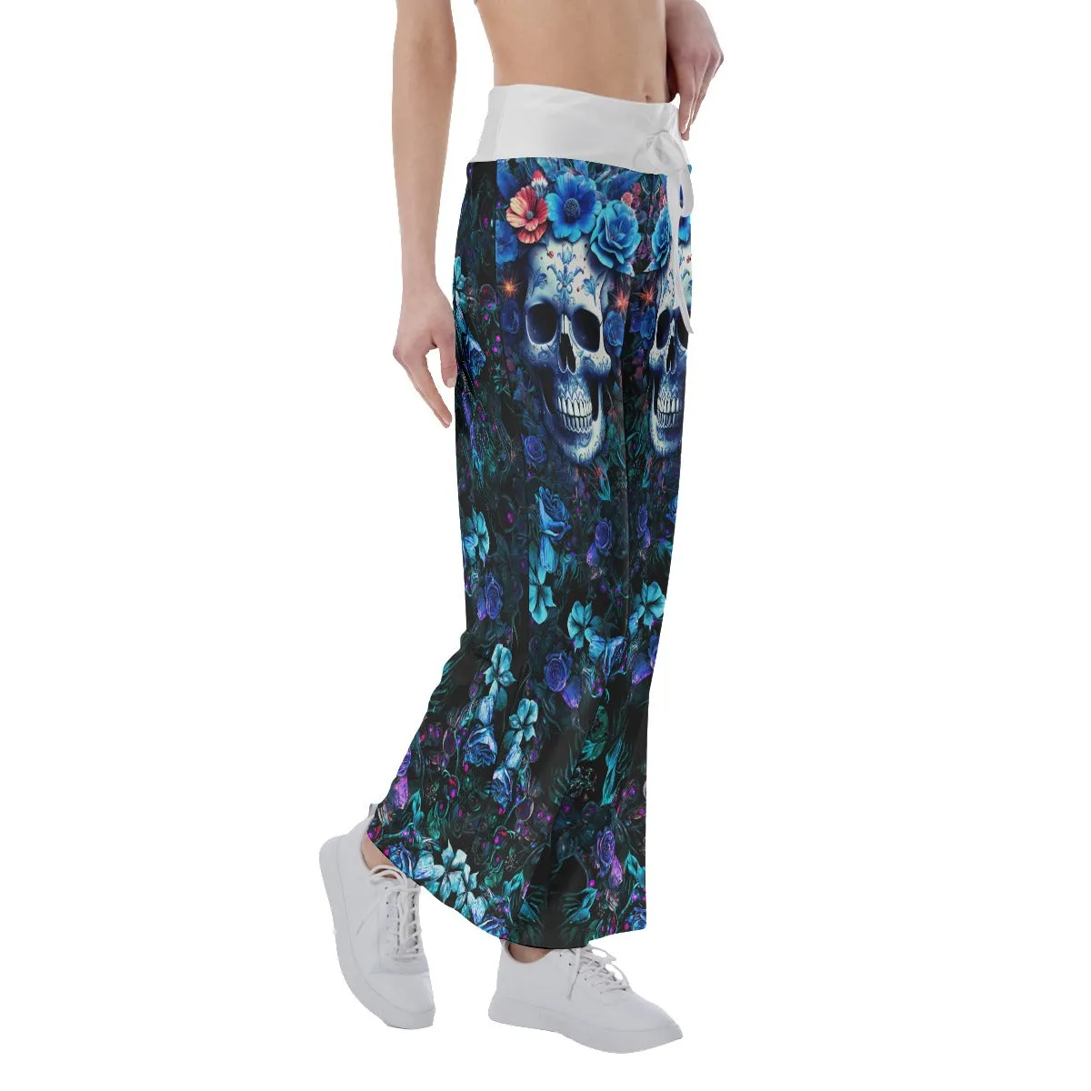 Dark Blue Skull Rose Gothic Women's High-waisted Wide Leg Pants