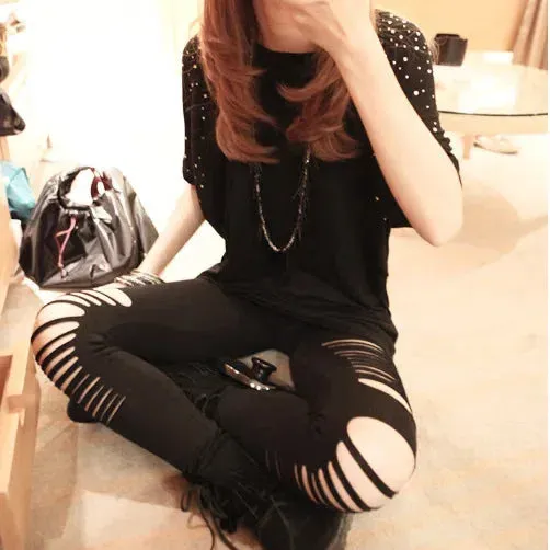 Sexy Leggings Ripped Leggins Women Low Waist Pants Hollow Out